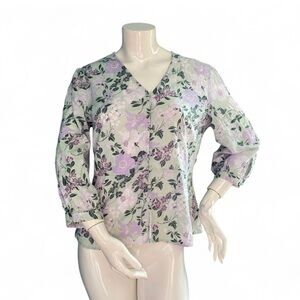 Liz Claiborne Purple Green  Floral V-Neck Cinched Waist Retro Boho Medium Y2K